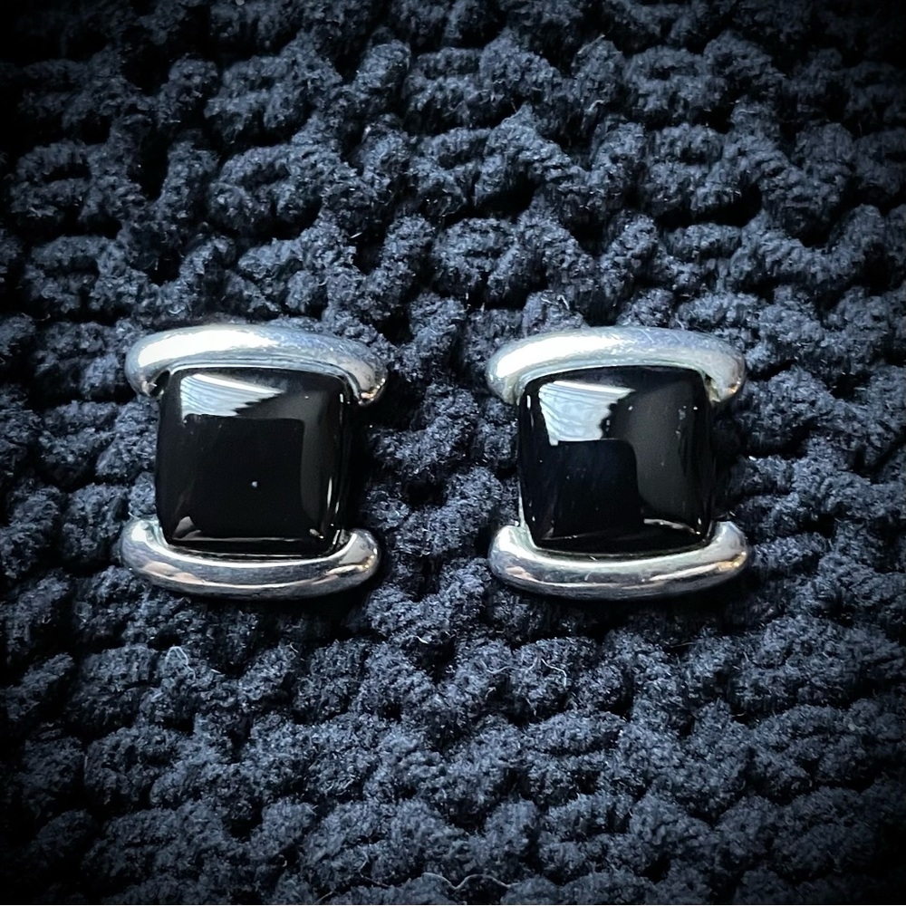 Vintage Onyx Sterling Silver Square Stud Earrings 925
